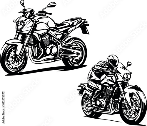 Powerful naked bike standing and being ridden by a motorcyclist wearing helmet and gloves
