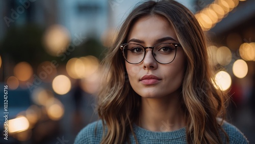 Attractive girl in eyeglasses dressed in casual stylish outfit looking at camera standing on blurred background in urban setting in evening leisure time