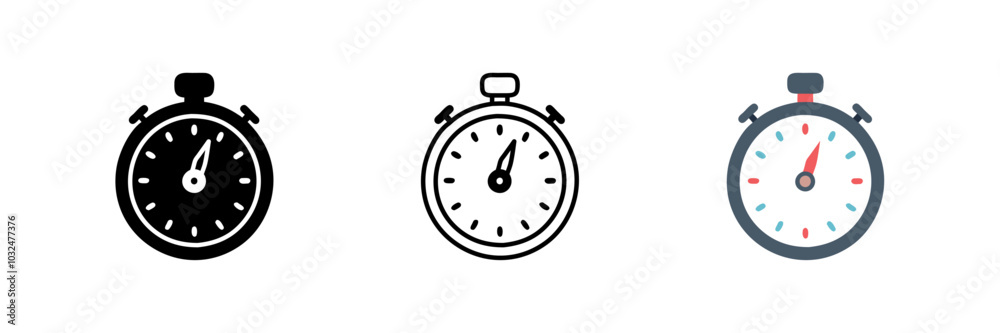 Stopwatch icon set featuring chronometer and timer designs. Simple stopwatch logo isolated on a white background. Clean and versatile vector illustration, perfect for time-related projects Stopwatch icon set featuring chronometer and timer designs. Simple stopwatch logo isolated on a white background. Clean and versatile vector illustration, perfect for time-related projects