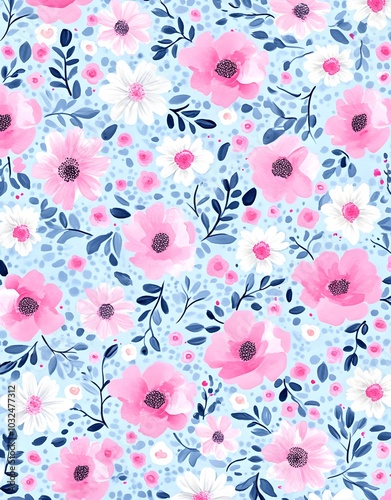 Floral Seamless Pattern with Pink and White Flowers on Blue Background