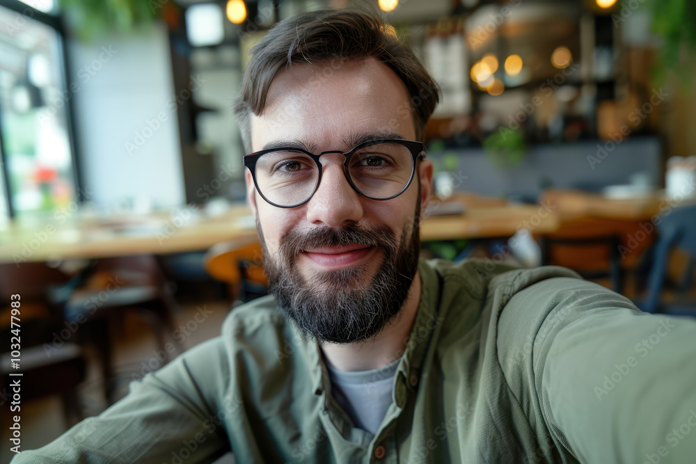 A happy man takes a selfie on his phone while sitting at a table in an outdoor cafe. A happy man takes a selfie on his phone while sitting at a table in an outdoor cafe.