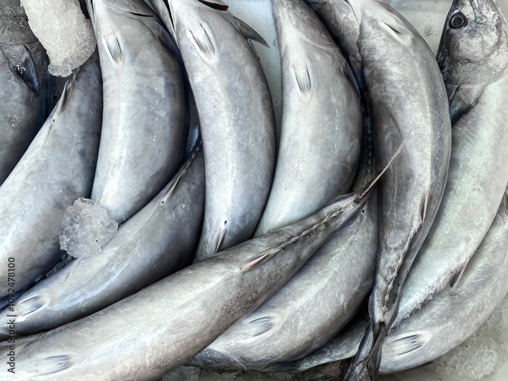 Obraz premium Fresh seafood fish lying on ice on a central city market