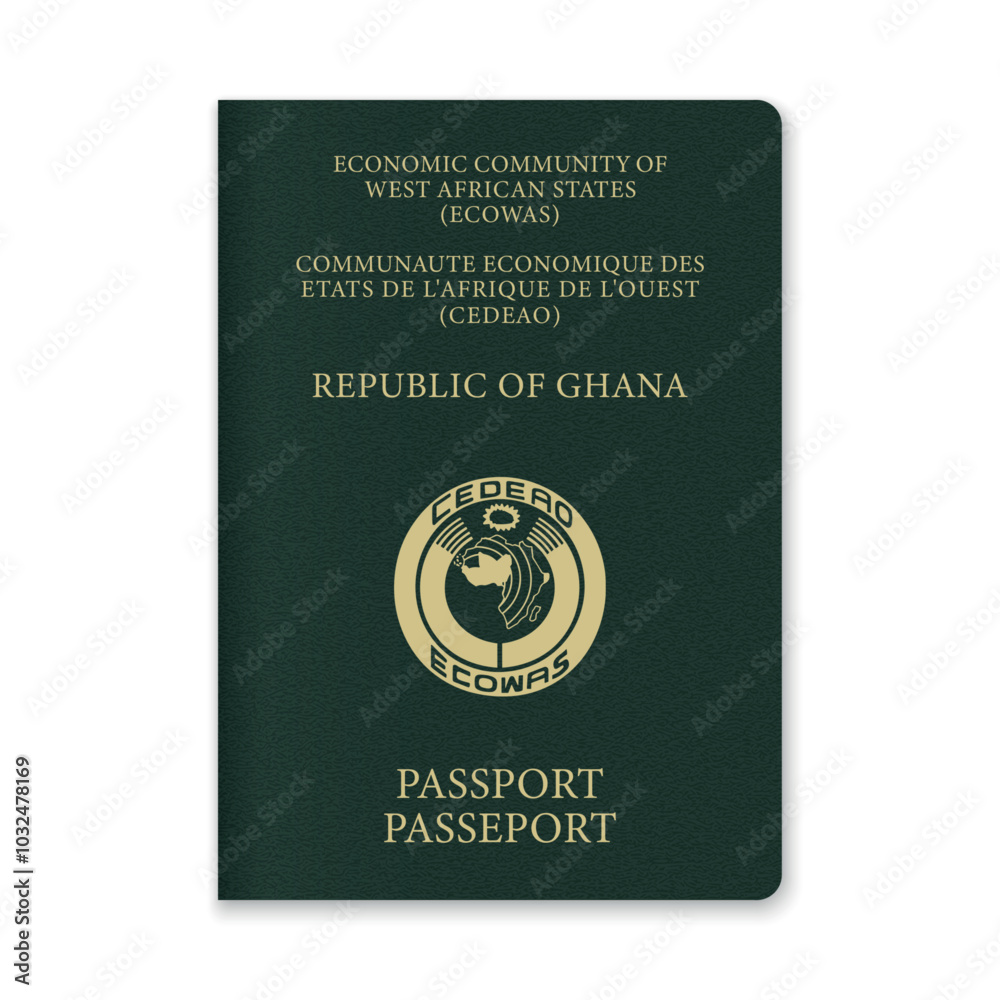 Naklejka premium Ghana Passport Cover with Gold Emblem and Text
