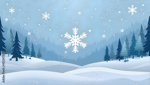 Snowy winter landscape with falling snowflakes and pine trees