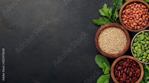 A rustic spread of whole foods like quinoa, beans, and leafy greens arranged in a gut-friendly meal, Whole foods, gut health, whole, plant-based diet for digestive wellness