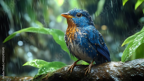 A small blue bird with orange breast perches on a branch in the rain, surrounded by lush green foliage. photo