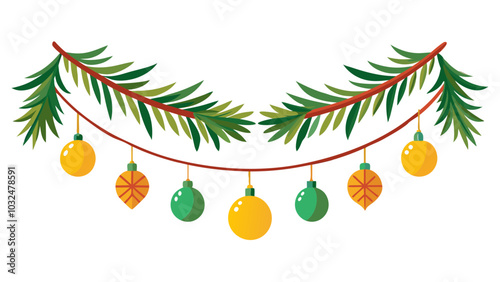 Colorful Christmas garland featuring decorative leaves and ornaments on a white background,  all colors changable