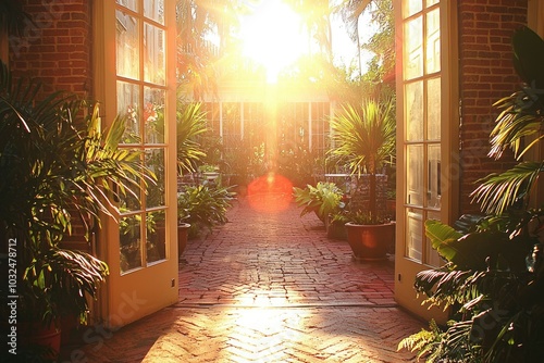 Open Double Doors Lead to a Brick Courtyard with Sunlit Greenery photo