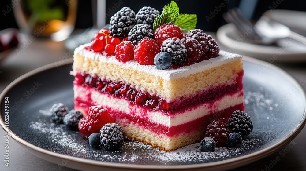 Delicious berry layer cake with fresh raspberries, blackberries, blueberries, and mint garnish. Perfect for dessert and celebration. Delicious berry layer cake with fresh raspberries, blackberries, blueberries, and mint garnish. Perfect for dessert and celebration.