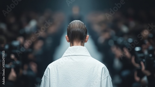 A fashion model wearing a pristine white coat walks down the runway, amid the flashing focus of photographers, embodying elegance and high fashion's timeless appeal. photo