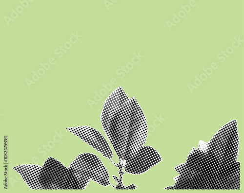 Leaves pixelate grayscale color halftone dotted texture style collage element isolated on green background