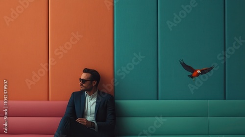 A man in a suit sits on a stylish, multicolored bench, next to a vivid mural featuring a bird, capturing modernity and style in urban artistic expression. photo