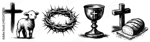 religious icons drawing christianity and church, lamb of God holding cross, crown of thorns, eucharistic chalice