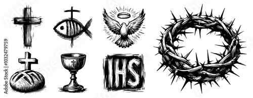 sacred christian symbols collection in black and white line art