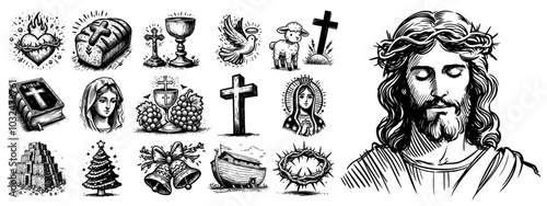sacred christian symbols collection in black and white line art