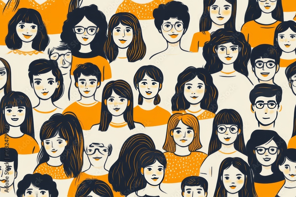Stylized illustration of a diverse crowd of women in a playful hand drawn style showcasing individuality community and personal identity in a modern design Stylized illustration of a diverse crowd of women in a playful hand drawn style showcasing individuality community and personal identity in a modern design