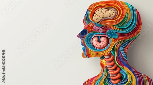 Abstract art of a human body with the digestive system made of colorful, swirling patterns, Abstract anatomy, swirling digestive system, creative representation of gut health