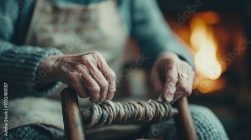 An elderly person works diligently weaving rope in a rustic setting, with a warm fire in the background providing a cozy ambiance and an artisan atmosphere.