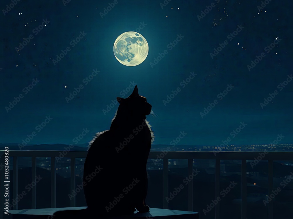 A silhouette of a cat on a balcony gazing at the bright full moon surrounded by stars, creating a serene and dreamlike night scene.
