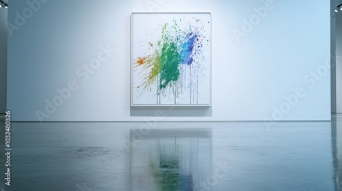 A large canvas bursting with vibrant brush strokes of green, purple, and blue hues, representing creativity and emotion, prominently displayed in a modern art gallery. photo