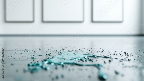 A close-up shot of blue paint splatters on a gallery floor, in focus against blurred canvases, capturing the raw essence of contemporary art displays. photo