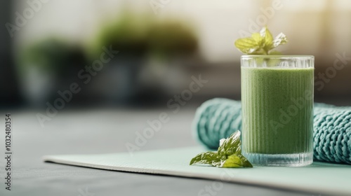 A refreshing green smoothie garnished with mint leaves, placed atop a yoga mat, symbolizing health and well-being in a bright, serene setting. photo