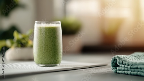 An energetic green smoothie glass resting on a textured gray cloth near a window, inviting a peaceful ambiance and symbolizing a focus on fitness and well-being. photo