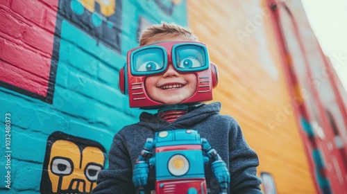 A young boy wearing a toy robot helmet, smiling happily and holding a robot toy in his hand. He stands against a colorful wall with graffiti.