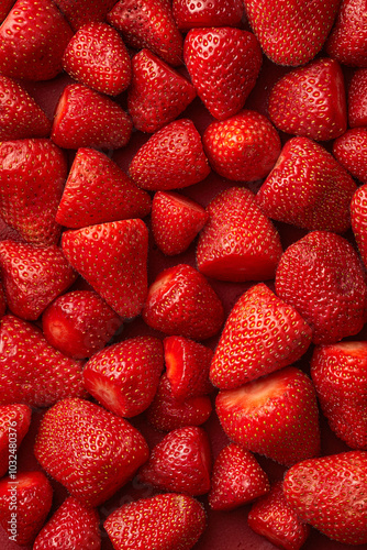Strawberry background full frame image. View of fresh strawberries from above. Top view