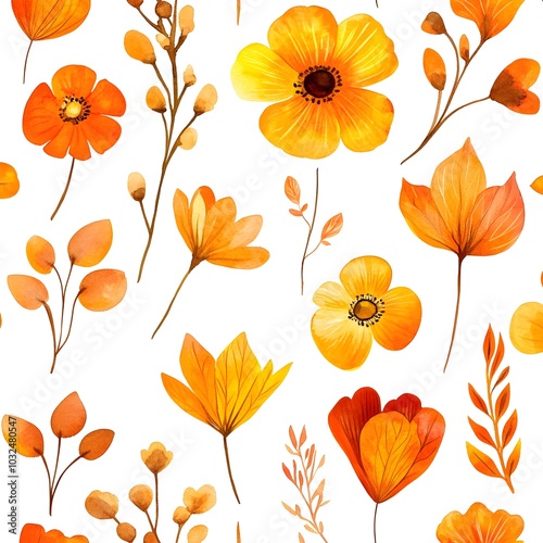 Watercolor Orange and Yellow Flowers Seamless Pattern