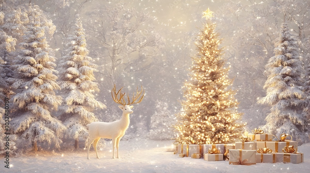 Fototapeta premium Enchanting Snowy Winter Wonderland with Reindeer and Twinkling Christmas Tree