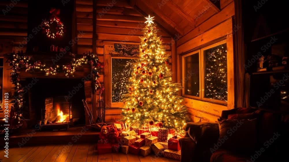 Dark home interior decorated on Christmas, living room with fireplace and festive tree, inside house at night. Concept of xmas, fire, decoration. 