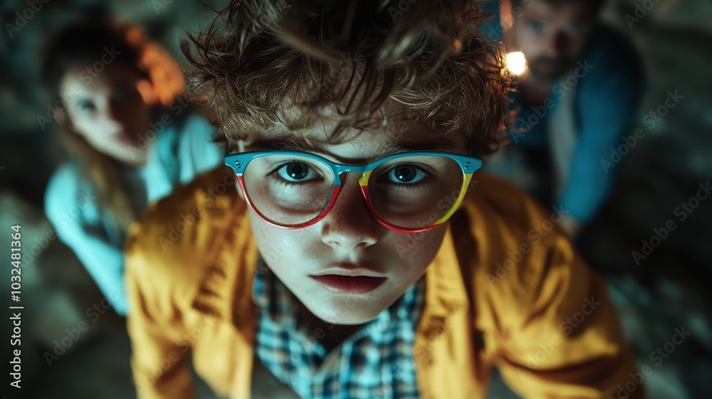 A boy with colorful glasses peers intently in a dimly lit cave, surrounded by faint figures, likely adults, illustrating an intriguing exploration journey. A boy with colorful glasses peers intently in a dimly lit cave, surrounded by faint figures, likely adults, illustrating an intriguing exploration journey.