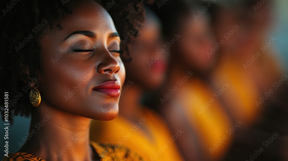 A woman meditates with a serene expression, eyes closed, surrounded by blurred figures, capturing a sense of personal peace, introspection, and spiritual harmony. A woman meditates with a serene expression, eyes closed, surrounded by blurred figures, capturing a sense of personal peace, introspection, and spiritual harmony.