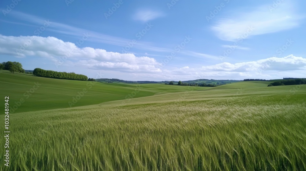 A serene landscape of green fields under a blue sky with fluffy clouds. A serene landscape of green fields under a blue sky with fluffy clouds.