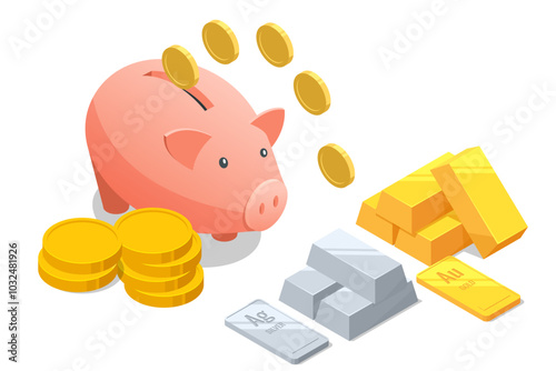 Isometric Investment Precious metals gold or silver. Golden bars. Investing Banking business. Increase in cost of precious metals. Investments in golden securities. Buying aurum ETF
