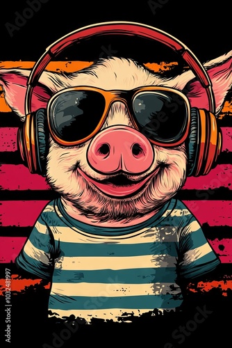 A cool pig wearing sunglasses and headphones, with a striped shirt against a vibrant background.