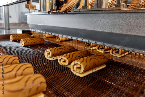 Confectionery factory producing swiss rolls with chocolate topping. Swiss rolls receiving chocolate glaze on an automated production line in a food factory