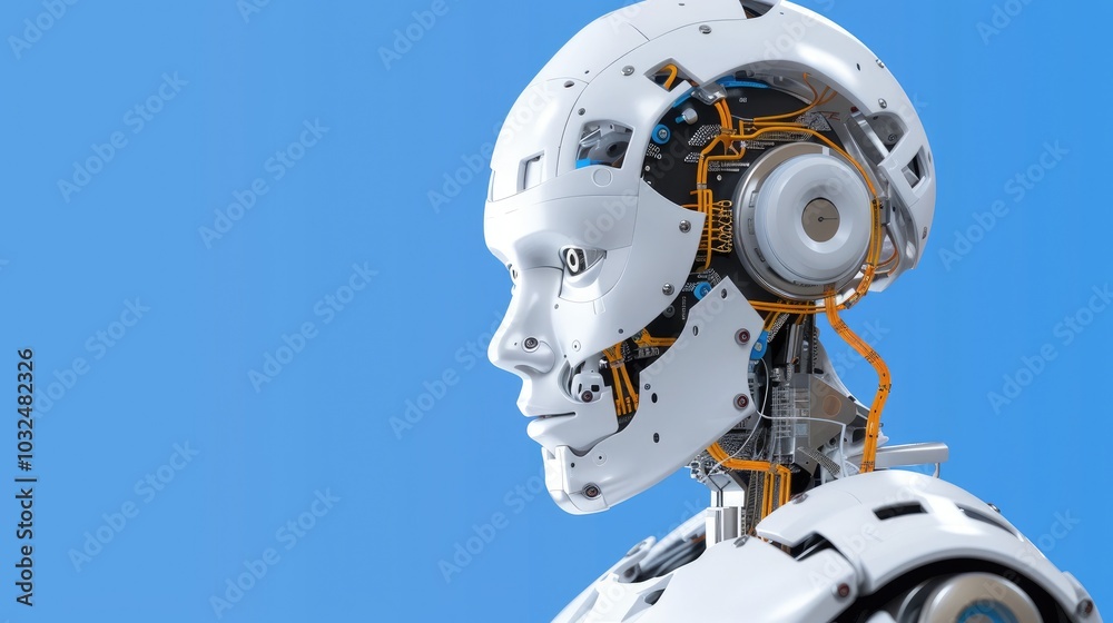 Futuristic Robot Head Against Blue Background Futuristic Robot Head Against Blue Background