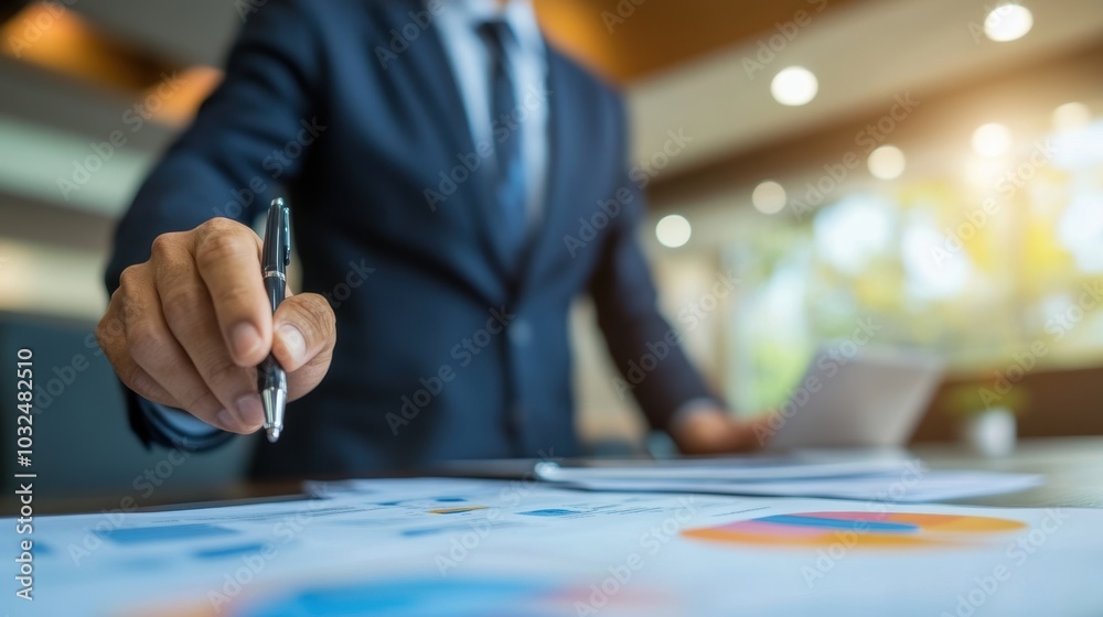 Businessman analyzing financial charts and holding a pen Businessman analyzing financial charts and holding a pen