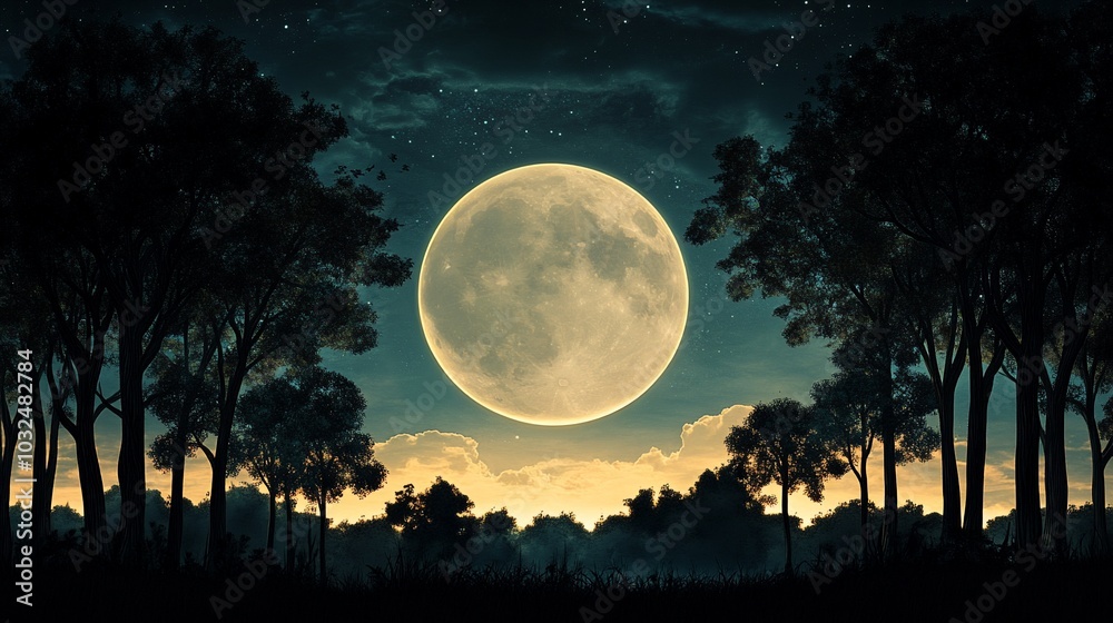 A full moon shines brightly in the night sky, illuminating the silhouettes of trees in a forest. A full moon shines brightly in the night sky, illuminating the silhouettes of trees in a forest.