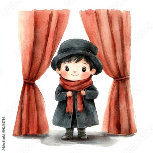 Charming Isometric Watercolor Character in Red Curtains