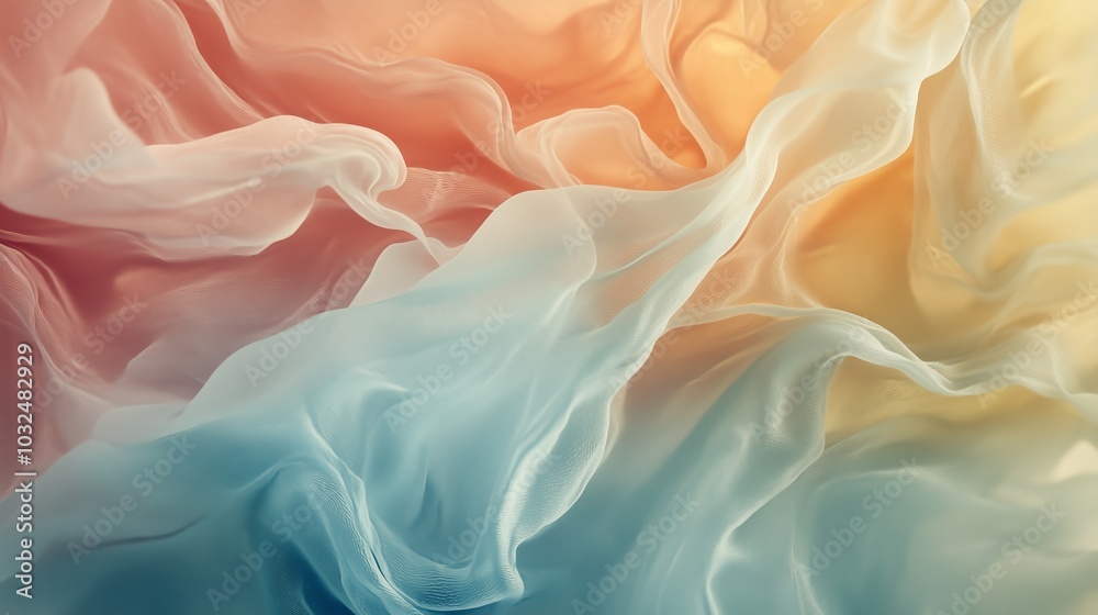 Obraz premium An elegant abstraction with light, almost airy waves in pastel shades of pink, blue and beige. Delicate fabric or air flow creates an atmosphere of softness and calm.
