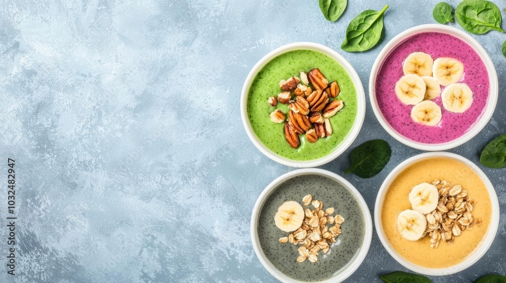 Colorful smoothie bowls made of gut-healthy ingredients like bananas, spinach, and nuts, Smoothie bowl, gut-friendly ingredients, nutritious foods for gut health Colorful smoothie bowls made of gut-healthy ingredients like bananas, spinach, and nuts, Smoothie bowl, gut-friendly ingredients, nutritious foods for gut health