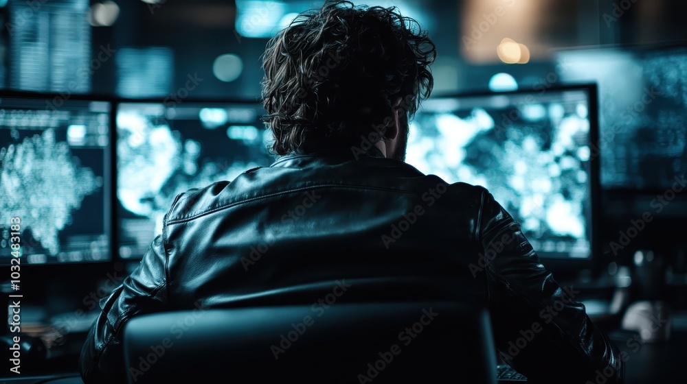 A man in a leather jacket sits at a desk with multiple computer screens, displaying digital data, suggesting cybersecurity work or hacking activities. A man in a leather jacket sits at a desk with multiple computer screens, displaying digital data, suggesting cybersecurity work or hacking activities.