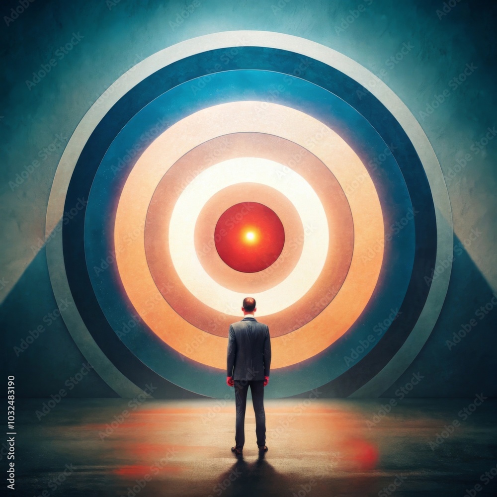 custom made wallpaper toronto digitalMan looking towards giant target with glowing with radiant light, symbolizing clear and compelling objective, inspiring focus and determination. Contemporary art. Concept of business, learn and lead
