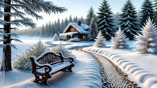 Serene winter scene with snow-covered trees, a pearl-like path, and a cozy cottage, background a peaceful, ethereal atmosphere.