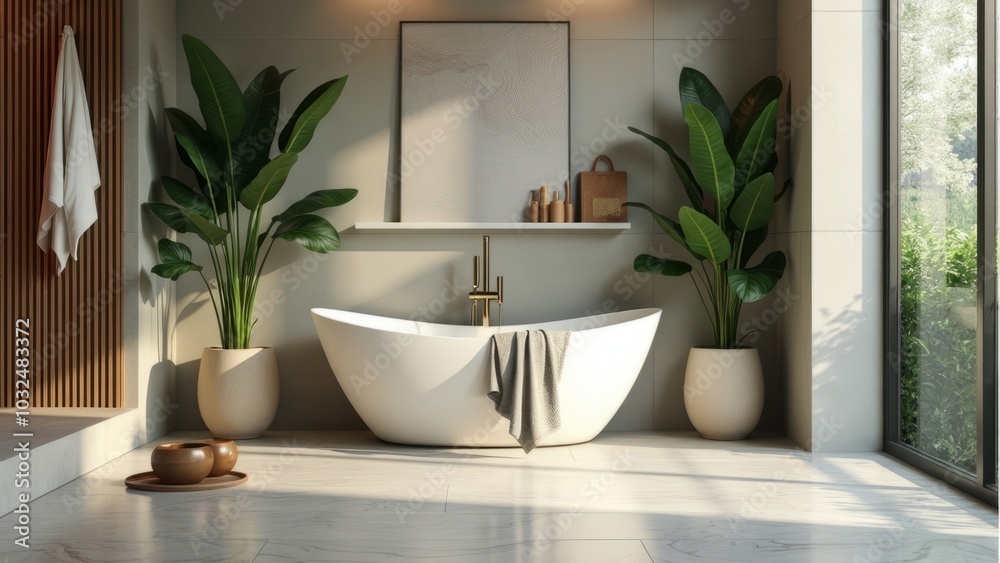 Home garden, bathroom in white and wooden tones. Close-up, bed, parquet floor and many houseplants. Urban jungle interior design. Biophilia concept. Home garden, bathroom in white and wooden tones. Close-up, bed, parquet floor and many houseplants. Urban jungle interior design. Biophilia concept.