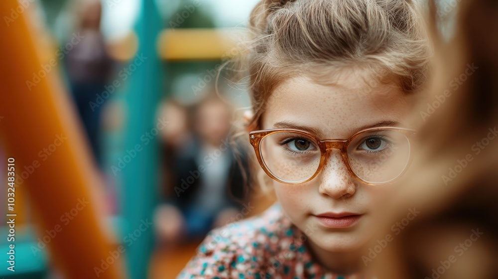 A young girl with glasses focuses intently, standing on a colorful playground, showcasing a moment of reflection, inquiry, and thoughtful engagement with surroundings. A young girl with glasses focuses intently, standing on a colorful playground, showcasing a moment of reflection, inquiry, and thoughtful engagement with surroundings.
