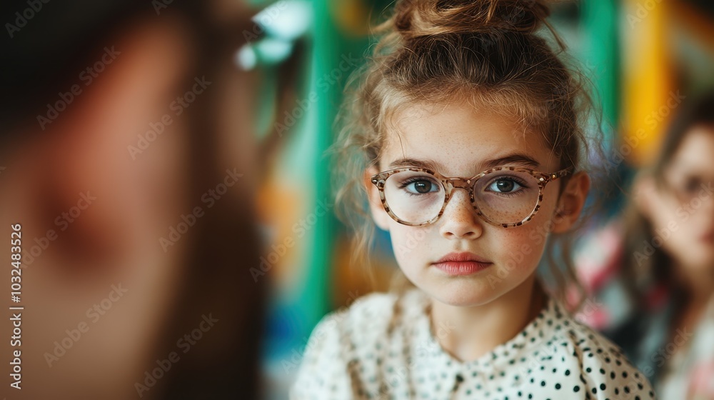 A young girl with curly hair wearing glasses looks intently at someone, her expression thoughtful and focused in a cozy indoor setting filled with vibrant colors. A young girl with curly hair wearing glasses looks intently at someone, her expression thoughtful and focused in a cozy indoor setting filled with vibrant colors.